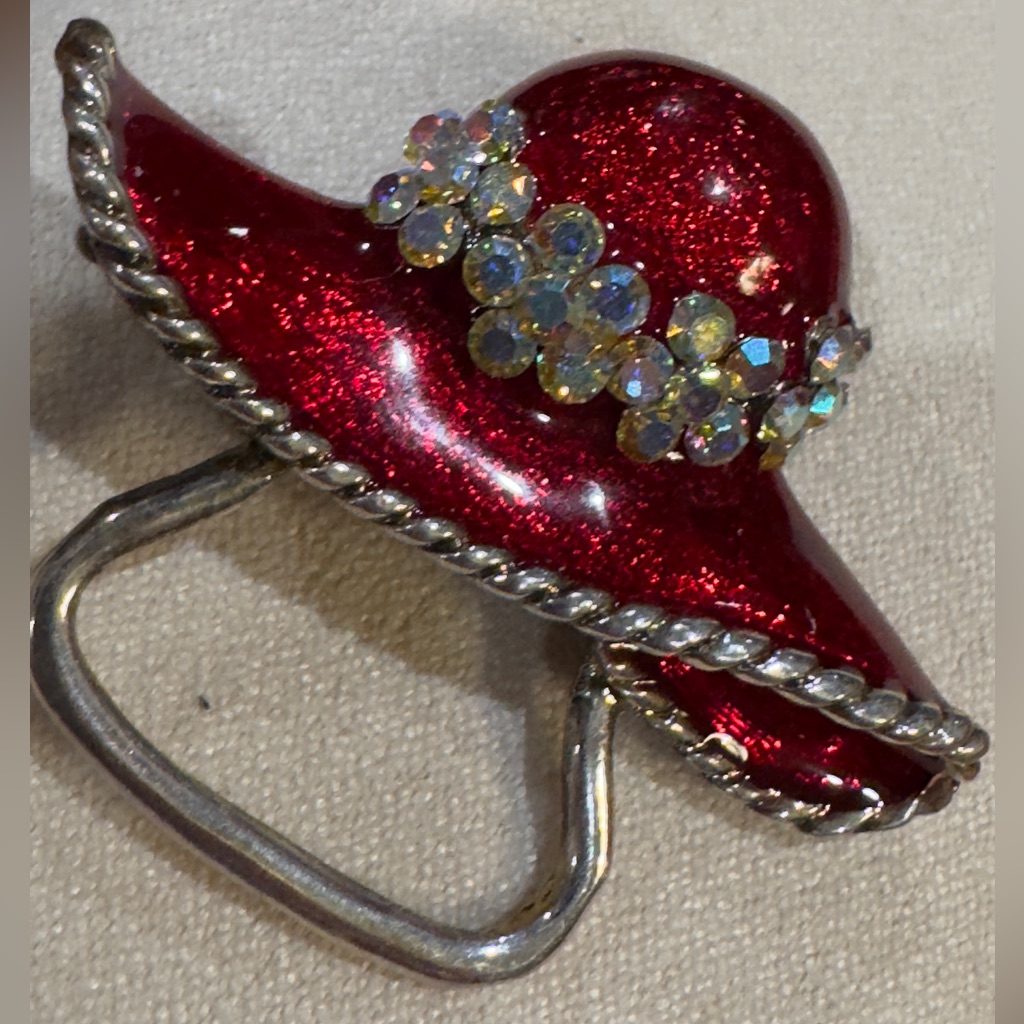 Retired Lauren Spencer Red Hat Society Crystal Brooch Eyeglass Holder Pin